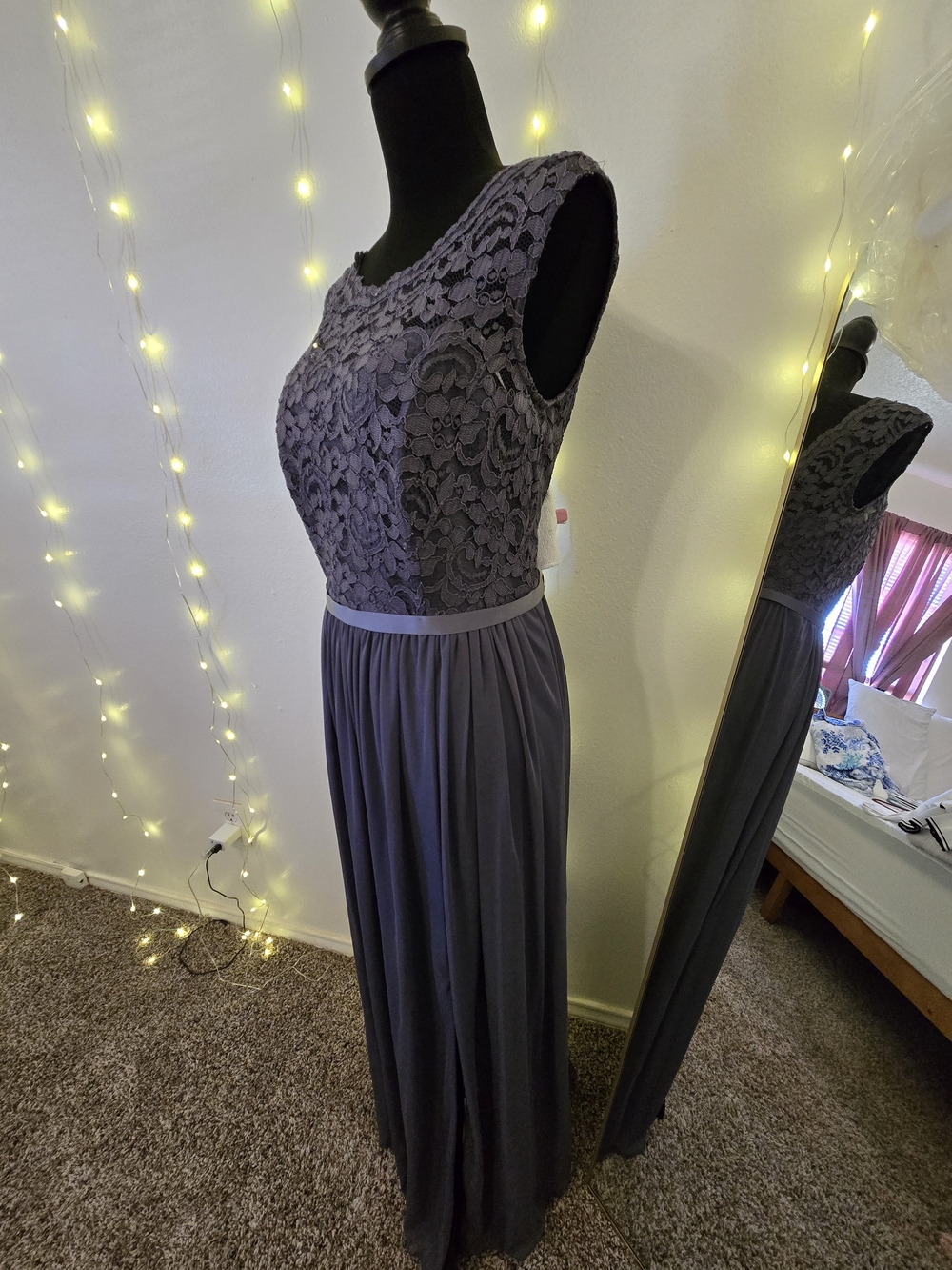 David's Bridal Slate Gray Lace Bodice Maxi Dress - Picture 3 of 8